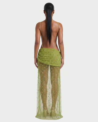 CARRINE Beaded Cutout Ruched Mesh Maxi Dress