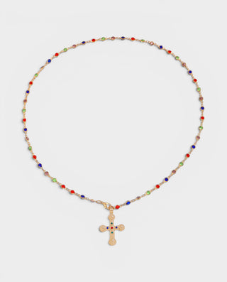 Beaded Gemstone Cross Pendant Necklace