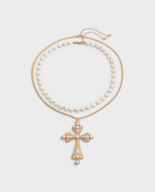 Conjunto de collar de perlas y colgante de cruz grande QUINTIS