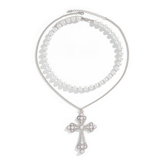 QUINTIS Pearl Necklace & Large Cross Pendant Set