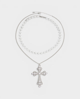 Conjunto de collar de perlas y colgante de cruz grande QUINTIS