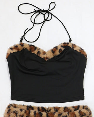 JENNY Leopard Fur Trim Top & Shorts Set