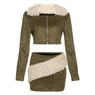 PECILLIA Fur Sued Crop Zip Jacket & Mid Waist Fur Skirt