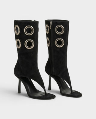 KENNA Metallic Eyelet Open-Toe Stiletto Heel Boots