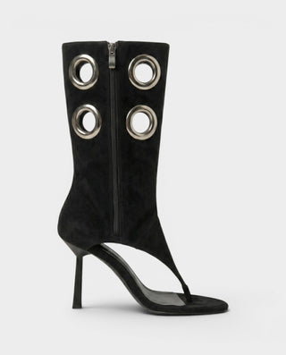 KENNA Metallic Eyelet Open-Toe Stiletto Heel Boots