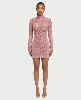 ROLANE Sheer Mesh Rhinestone Embellished Bodycon Mini Dress
