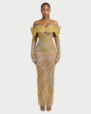 NELKA Rhinestone Off-Shoulder Mesh Maxi Dress