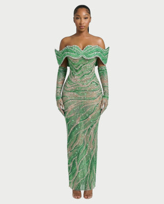 NELKA Rhinestone Off-Shoulder Mesh Maxi Dress