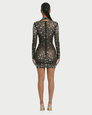 ROLANE Sheer Mesh Rhinestone Embellished Bodycon Mini Dress