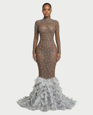 SOSANE Diamond High-Neck Feather Mermaid Maxi Dress