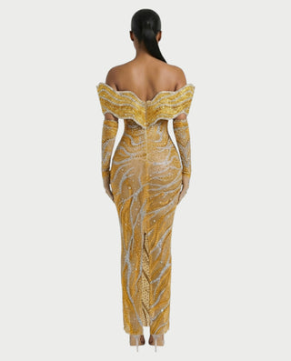 NELKA Rhinestone Off-Shoulder Mesh Maxi Dress