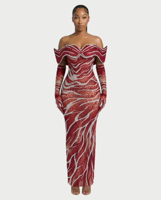 NELKA Rhinestone Off-Shoulder Mesh Maxi Dress