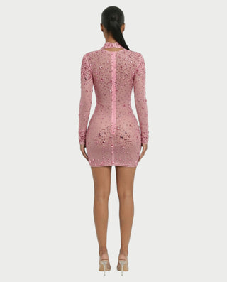 ROLANE Sheer Mesh Rhinestone Embellished Bodycon Mini Dress