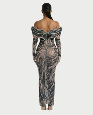 NELKA Rhinestone Off-Shoulder Mesh Maxi Dress