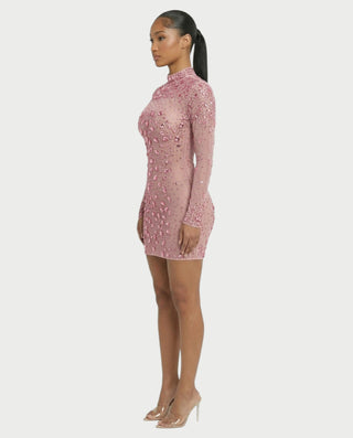 ROLANE Sheer Mesh Rhinestone Embellished Bodycon Mini Dress