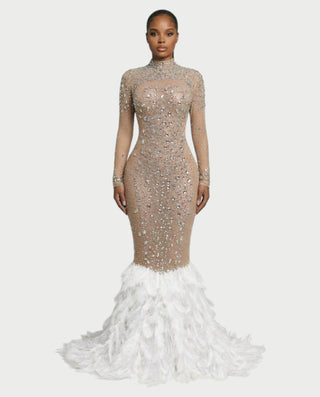 SOSANE Diamond High-Neck Feather Mermaid Maxi Dress