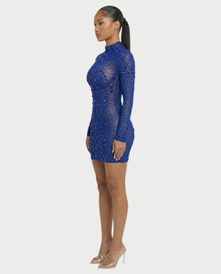 ROLANE Sheer Mesh Rhinestone Embellished Bodycon Mini Dress