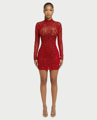 ROLANE Sheer Mesh Rhinestone Embellished Bodycon Mini Dress