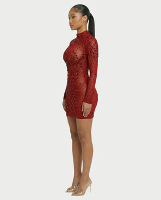 ROLANE Sheer Mesh Rhinestone Embellished Bodycon Mini Dress