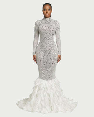 SOSANE Diamond High-Neck Feather Mermaid Maxi Dress