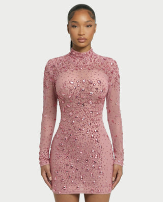 ROLANE Sheer Mesh Rhinestone Embellished Bodycon Mini Dress