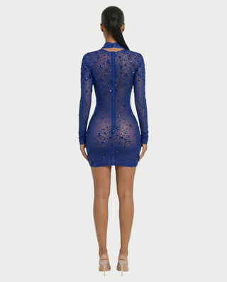 ROLANE Sheer Mesh Rhinestone Embellished Bodycon Mini Dress