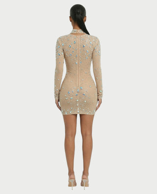 ROLANE Sheer Mesh Rhinestone Embellished Bodycon Mini Dress