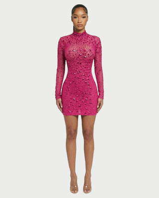 ROLANE Sheer Mesh Rhinestone Embellished Bodycon Mini Dress