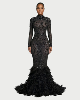 SOSANE Diamond High-Neck Feather Mermaid Maxi Dress