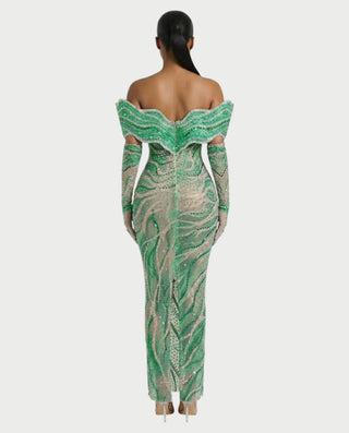 NELKA Rhinestone Off-Shoulder Mesh Maxi Dress