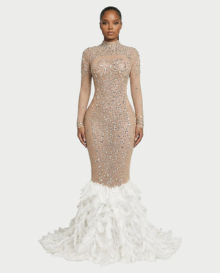 SOSANE Diamond High-Neck Feather Mermaid Maxi Dress