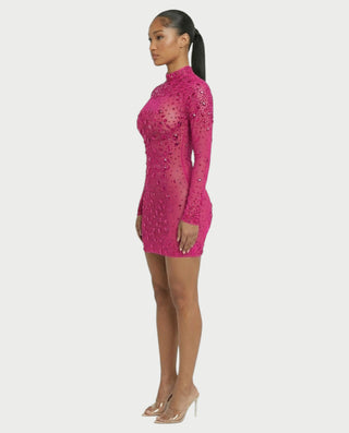 ROLANE Sheer Mesh Rhinestone Embellished Bodycon Mini Dress