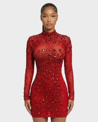 ROLANE Sheer Mesh Rhinestone Embellished Bodycon Mini Dress