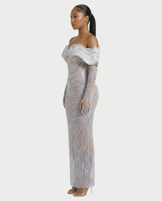 NELKA Rhinestone Off-Shoulder Mesh Maxi Dress