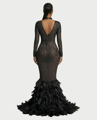 SOSANE Diamond High-Neck Feather Mermaid Maxi Dress