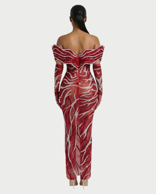 NELKA Rhinestone Off-Shoulder Mesh Maxi Dress