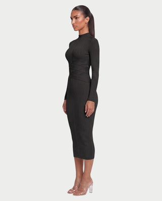 MEDDA Mock Neck Long Sleeve Ribbed Bodycon Wrap Midi Dress