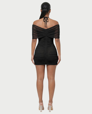 VANE Halter Neck Off-Shoulder Ruched Bodycon Mini Dress