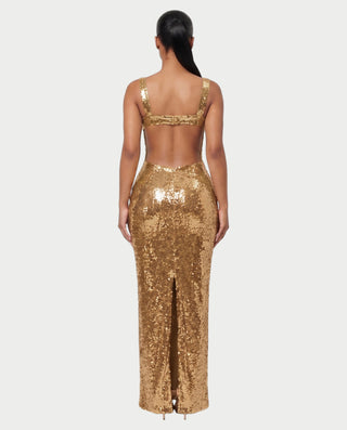 EMELYN Silver Sequin Square Neck Bodycon Maxi Dress