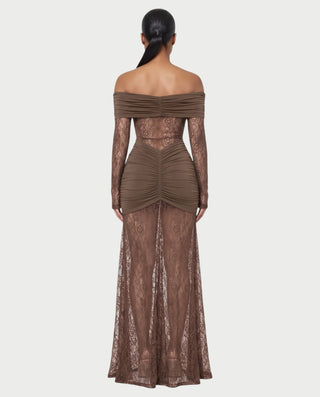 MORLA Off Shoulder Floral Lace Ruched Maxi Dress