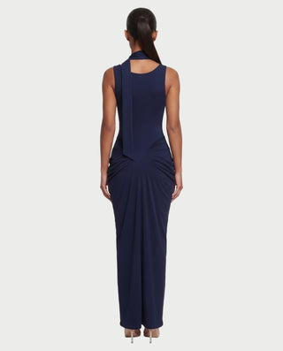 ZYRINA Long Neck Scarf Ruched Bodycon Maxi Dress