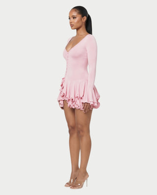 NADIA V-Neck Asymmetric Long Sleeve Ruffle Mini Dress