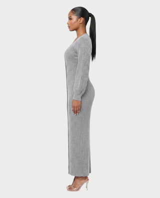 KIVA V-Neck Ribbed Knit Balloon Sleeve Maxi Dress