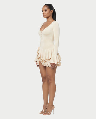 NADIA V-Neck Asymmetric Long Sleeve Ruffle Mini Dress
