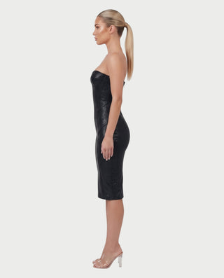 CATLYN Strapless Bustier Corset Metallic Bodycon Midi Dress