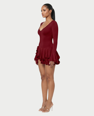 NADIA V-Neck Asymmetric Long Sleeve Ruffle Mini Dress