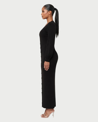KIVA V-Neck Ribbed Knit Balloon Sleeve Maxi Dress