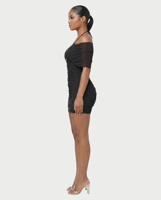 VANE Halter Neck Off-Shoulder Ruched Bodycon Mini Dress