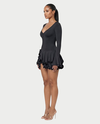 NADIA V-Neck Asymmetric Long Sleeve Ruffle Mini Dress