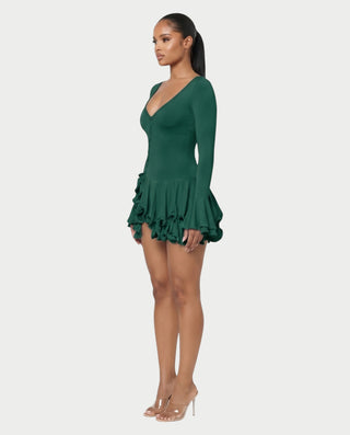 NADIA V-Neck Asymmetric Long Sleeve Ruffle Mini Dress